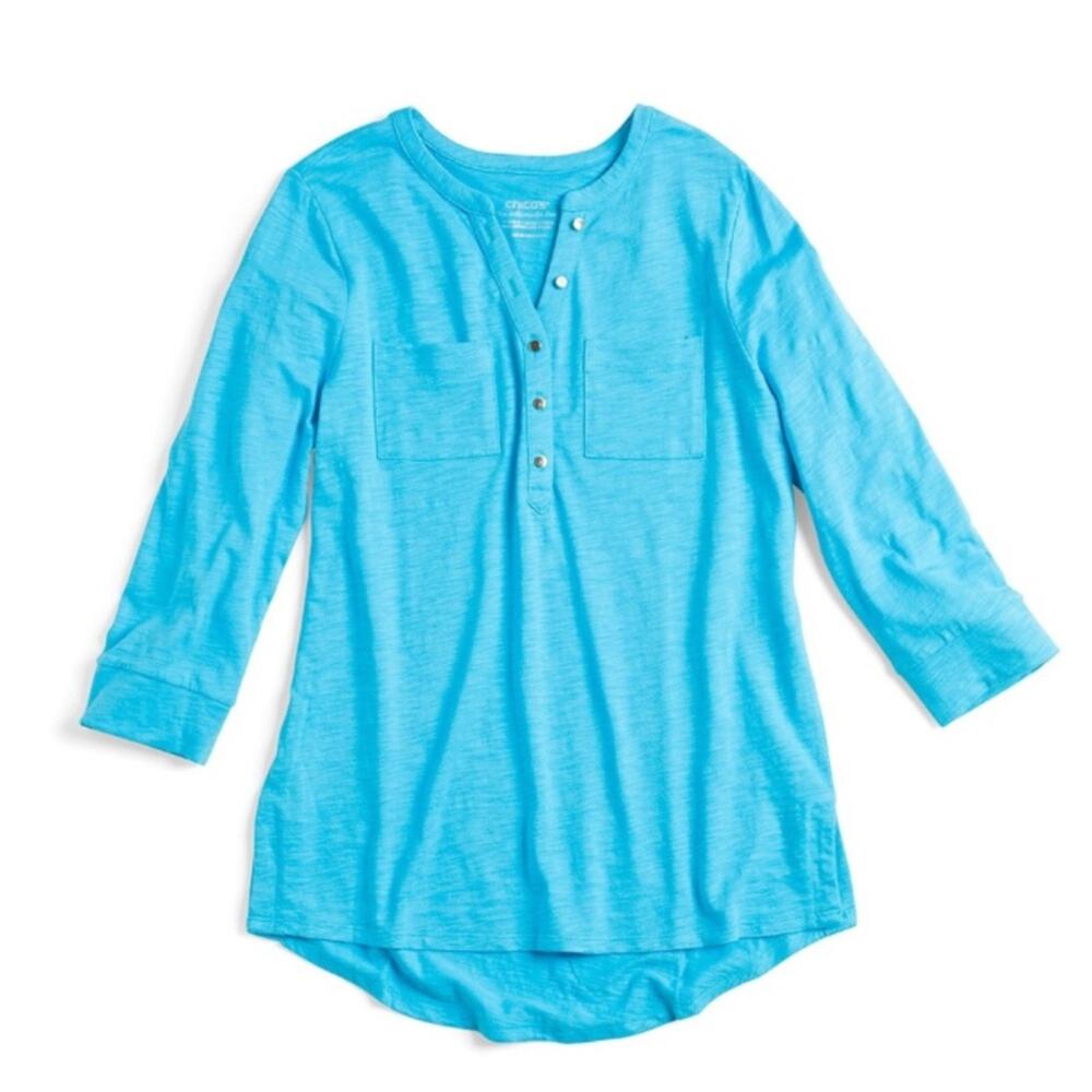 Chico’s turquoise blue Cotton-Blend Slub Henley Tee breathable cotton spring XL